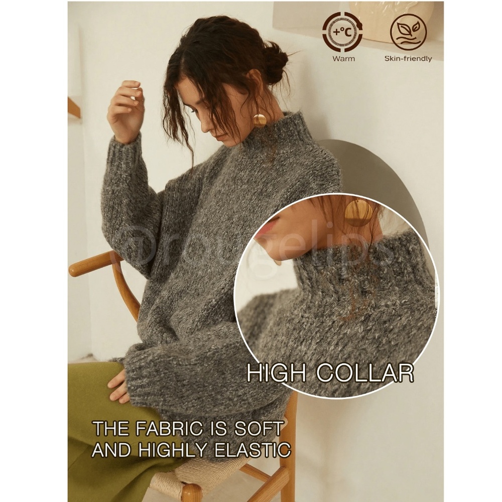 Gray Knit Oversized Pullover Turtleneck Sweater